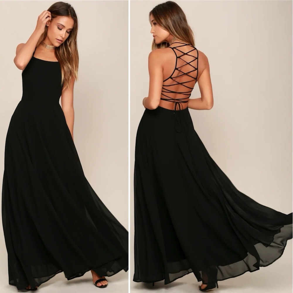Lulus Strappy To Be Here Black‎ Lace-Up Maxi Dress Size Medium Black Backless